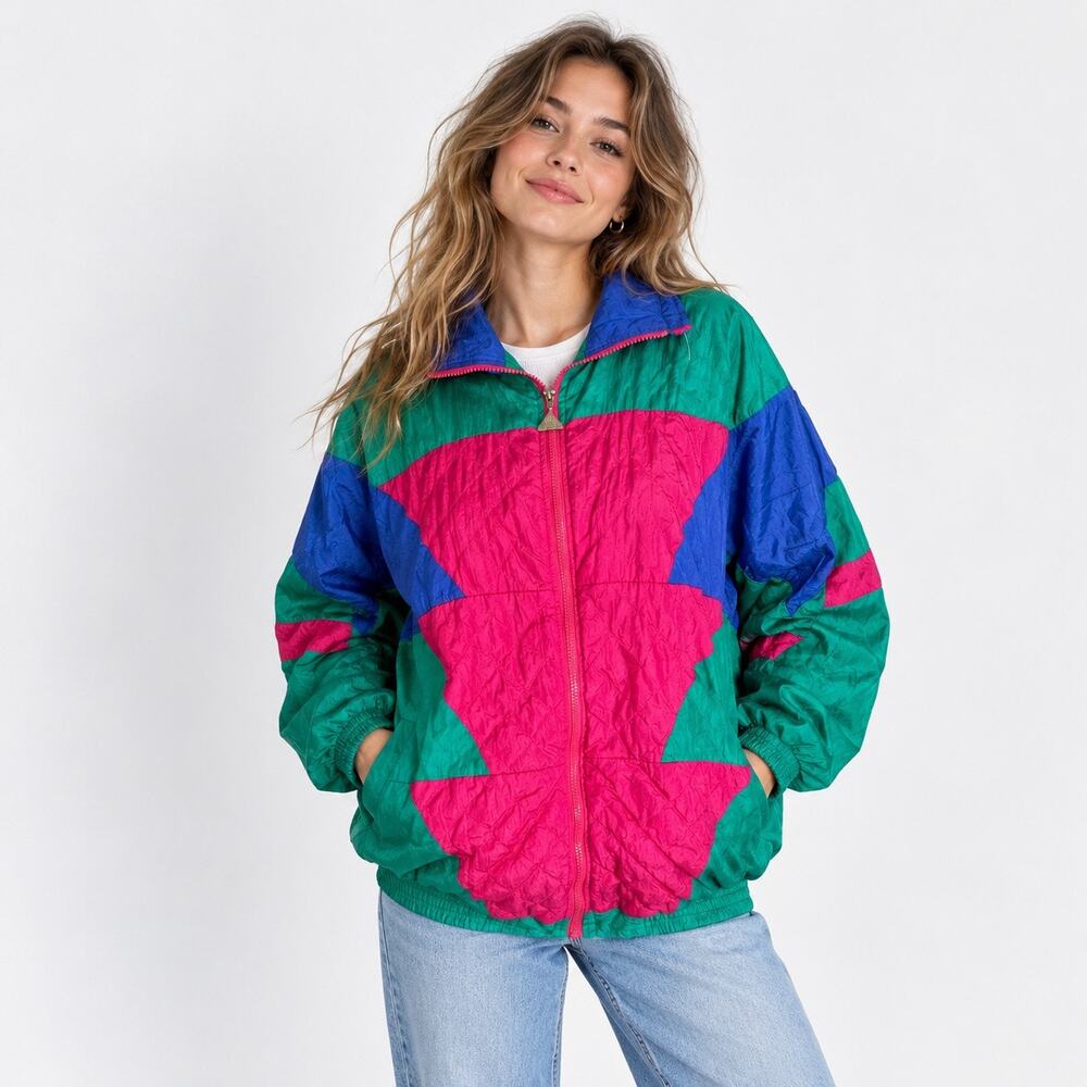 Vintage 80s Colorblock Nylon Windbreaker Jacket XL Retro